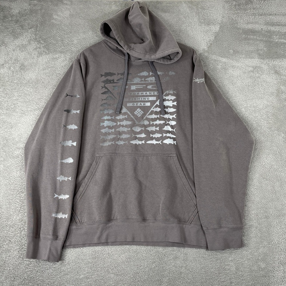 Columbia PFG Hoodie Mens Medium Gray Fish Graphic Fleece Fishing Outdoor